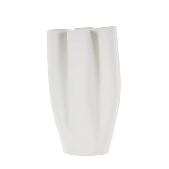White Ceramic Abstract Ribbed Dimensional Folded Vase with Floral Shaped Rim